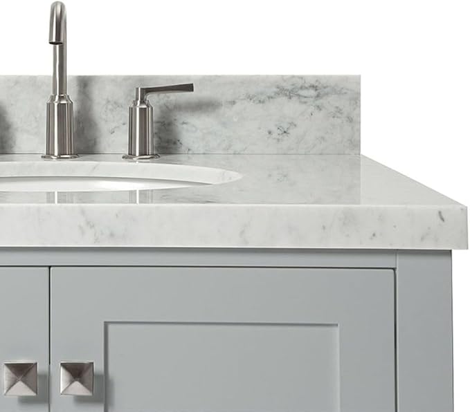 ARIEL Cambridge 42-inch Bathroom Vanity with Sink,Solid Wood, 1.5-inch Italian Carrara Marble Countertop & Backsplash, Single Oval Porcelain Sink, 2 Soft Closing Doors, 5 Dovetail Drawers, Grey