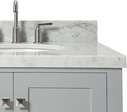 ARIEL Cambridge 42-inch Bathroom Vanity with Sink,Solid Wood, 1.5-inch Italian Carrara Marble Countertop & Backsplash, Single Oval Porcelain Sink, 2 Soft Closing Doors, 5 Dovetail Drawers, Grey