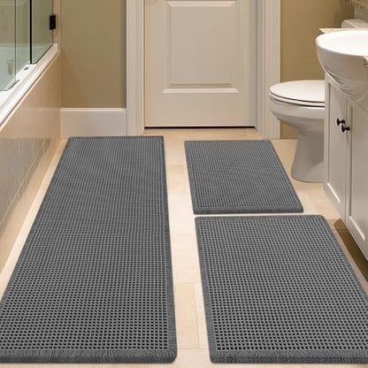 IM HOME Waffle Bath Mat Set 3 Piece Grey,Woven Modern Bath Rug Mats, Absorbent Non Slip Bath Floor Mat, Soft Washable Boho Bath Rugs with Tassels for Bathroom, Bedroom, Kitchen,Tub