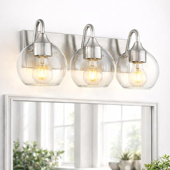 Emak 3-Light Bathroom Vanity Lights Over Mirror, Globe Bathroom Light Fixtures with Clear Glass Shade, Modern Brushed Nickel Vanity Light for Bath, Mirror, VL118-BN-CG-3