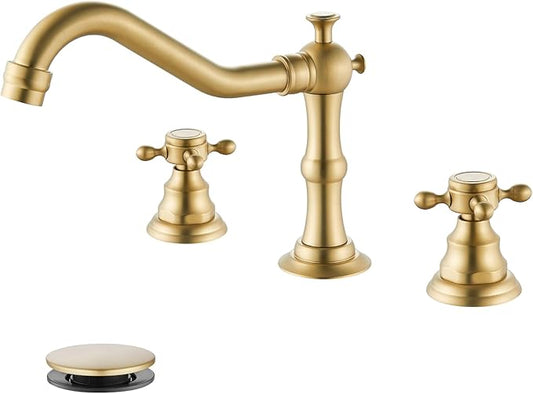 gotonovo 3 Hole Widespread Bathroom Sink Faucet Double Cross Handle Mixer Tap Faucet for Bathroom Sink Vanity Faucet Deck Mount Basin Hot Cold Water Matching Pop Up Drain Brushed Gold