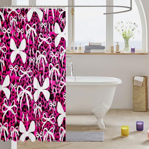 jejeloiu Cute Bowknot Shower Curtain for Bathroom Decor 72"x84" Pink Black Leopard Bath Curtain Kawaii Girls Bow Bathroom Accessories Waterproof Polyester Fabric for Stalls Bathtubs Princess Decor