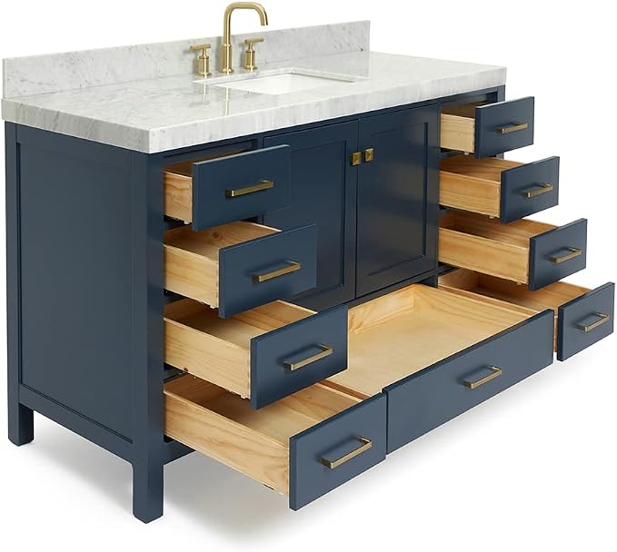 ARIEL Cambridge 60-inch Bathroom Vanity with Sink,Solid Wood, 2-inch Italian Carrara Marble Countertop, Single Rectangular Porcelain Sink, 2 Soft Closing Doors, 9 Dovetail Drawers, Midnight Blue