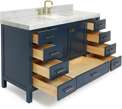 ARIEL Cambridge 60-inch Bathroom Vanity with Sink,Solid Wood, 2-inch Italian Carrara Marble Countertop, Single Rectangular Porcelain Sink, 2 Soft Closing Doors, 9 Dovetail Drawers, Midnight Blue