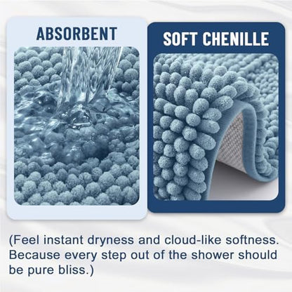 Grandaily Chenille Striped Bathroom Rugs 47x17, Extra Thick and Soft Absorbent Bath Mats, Rubber Backing, Plush Shaggy Shower Carpet, Machine Wash Dry, Bath Rug for Bathroom, Airy Blue