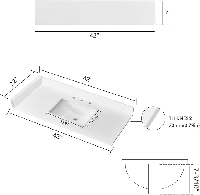 42" x 22" Vanity Top, Quartz Vanity Sink Top in Pure White, with One Sidesplash & One Backsplash, with Undermounted Sink,8 Inch Faucet Hole Spread for Vanity Top with Sink