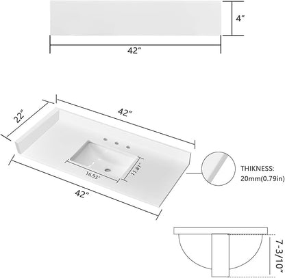 42" x 22" Vanity Top, Quartz Vanity Sink Top in Pure White, with One Sidesplash & One Backsplash, with Undermounted Sink,8 Inch Faucet Hole Spread for Vanity Top with Sink