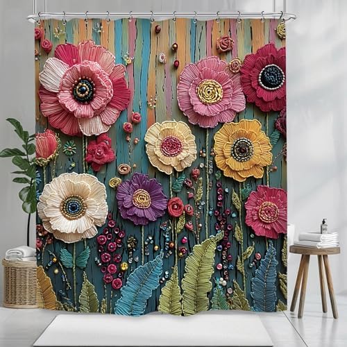Vintage Colorful Flower Shower Curtain 60Wx72L Inch Botanical Blossom Retro Plant Bathroom Set Accessories Decor with 12 Pack Hooks