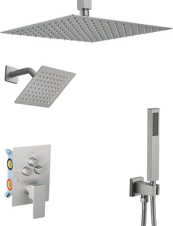 Shower Faucet Set Brushed Nickel 12 Inch Ceiling Mount Rainfall Shower System with 2 Rain Shower Head and Handheld Head Push Button Diverter Shower Trim Kit and Rough-in Valve Body