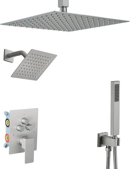 Shower Faucet Set Brushed Nickel 12 Inch Ceiling Mount Rainfall Shower System with 2 Rain Shower Head and Handheld Head Push Button Diverter Shower Trim Kit and Rough-in Valve Body