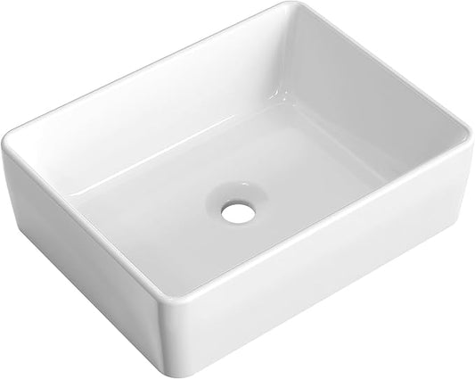 KES Rectangular Bathroom Vessel Sink White 19x15 Inches Rectangle Above Counter Countertop Porcelain Ceramic Vanity Sink, BVS110