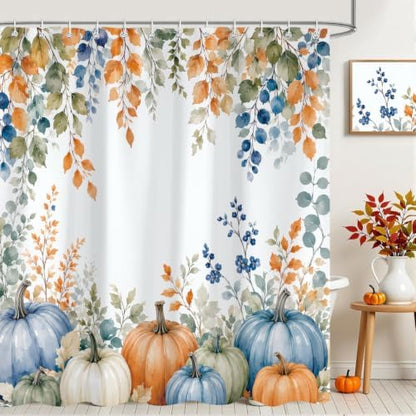 Fall Pumpkin Shower Curtain, Autumn Thanksgiving Harvest Floral Plant Leaves Farmhouse Bath Curtain Accessories, Waterproof Polyester Fabric Bathroom Curtain 72X72in