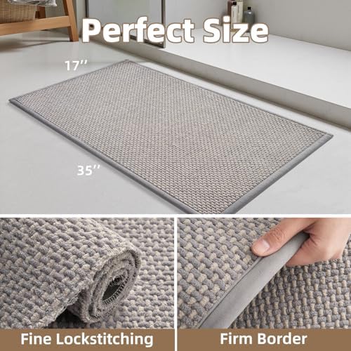 PADOOR-Bath Mat-Super Absorbent Chenille Bathroom Mats-Rubber Backed Bath Mats for Bathroom Non Slip, Easy Clean Bathroom Rugs Front of Bathtub,Shower Room,Sink-17×35, Grey&Beige