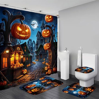 Yddsky 4PCS Halloween Street Shower Curtain Sets for Bathroom,72x72 Inch