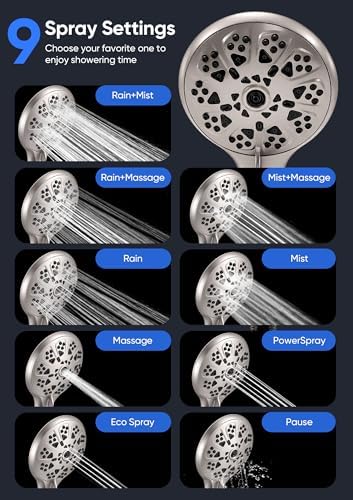 Shower Head with Handheld High Pressure, Rain Shower Head with Fixed Showerhead and 9 Sprays Handheld Shower, Detachable 2-IN-1 Shower head with 59" Rotatable Stainless Steel Hose (Nickel)