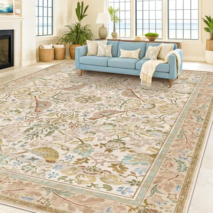 Washable Living Room Rug 8x10 - Country Style Beige Floral Area Rugs for Bedroom Under Bed, Dining Room Table Rug, Stain Resistant Non-Slip Neutral Farmhouse Décor with Light Blue and Green Accent