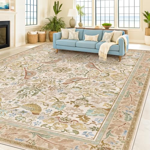 Large Washable Living Room Rug 8x12 - Beige Floral Area Rugs for Bedroom Under Bed, Dining Room Table Rug, Neutral Farmhouse Décor with Light Blue and Green Accent, Non-Slip Stain & Fade Resistant