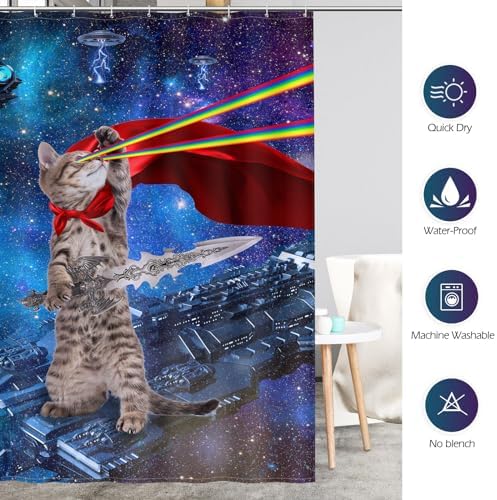 Aimego Funny Cat Shower Curtains for Bathroom - Cool Cute Cat on Fantasy Outer Space Galaxy Universe UFO Fun Shower Curtain Set with 12 Hooks for Adults Kids Bathroom Decor Accessories, 72"x72"