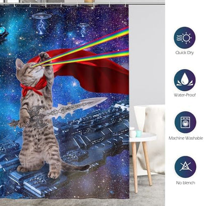 Aimego Funny Cat Shower Curtains for Bathroom - Cool Cute Cat on Fantasy Outer Space Galaxy Universe UFO Fun Shower Curtain Set with 12 Hooks for Adults Kids Bathroom Decor Accessories, 72"x72"