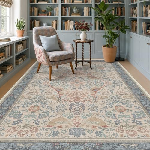 Hazo Haus Soft Red Blue Floral Area Rug 5x7 for Living Room - Machine Washable Rugs for Reading Corner, Kitchen Floor, Small Office, Low Pile Non-Slip Rubber Backing & Stain Resistance