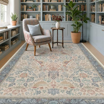 Hazo Haus Soft Red Blue Floral Area Rug 5x7 for Living Room - Machine Washable Rugs for Reading Corner, Kitchen Floor, Small Office, Low Pile Non-Slip Rubber Backing & Stain Resistance