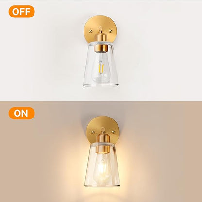 TALOYA 4 Inch Brushed Gold Bathroom Light Fixtures with Thickend Clear Tapered Glass Shade, Set of 2 Modern Vanity Light for Bathrooms, Bedrooms (Bulbs Not Included)