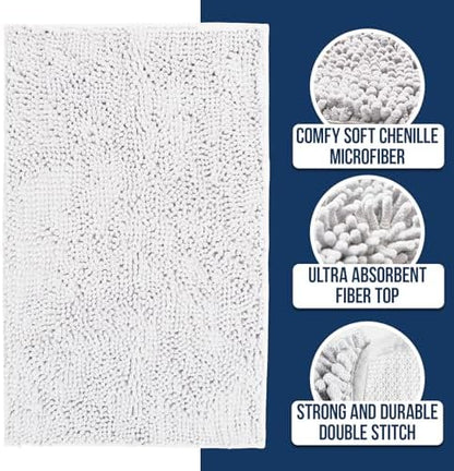 Muddy Mat® | Chenille Bathroom Rugs Quick Dry Microfiber Mats Non Slip Washable, Extra Thick, Soft and Highly Absorbent Bath Mats for Bathroom, Kitchen, and Shower Floor - White 24"x35"