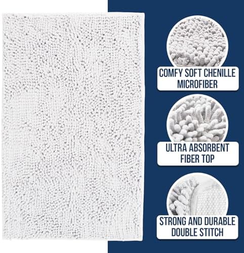 Muddy Mat® | Chenille Bathroom Rugs Quick Dry Microfiber Mats Non Slip Washable, Extra Thick, Soft and Highly Absorbent Bath Mats for Bathroom, Kitchen, and Shower Floor - White 18"x28"