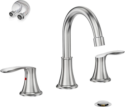 Phiestina Widespread 8 Inch 3 Holes Brushed Nickel Bathroom Faucet，Two Handles Stainless Steel Bathroom Sink Faucet with Metal Pop-Up Drain and Water Supply Lines, WFTY36-BN