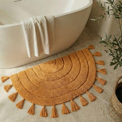 Beautiful Boho Rug with Tassels - Soft Half Circle Cotton Bathroom Mat