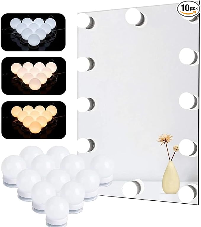 LED Vanity Lights for Mirror, Hollywood Style, 8 Lights | 10 Dimmable Bulbs, Adjustable Color & Brightness, USB Cable, Stick on for Makeup Table Dressing Room