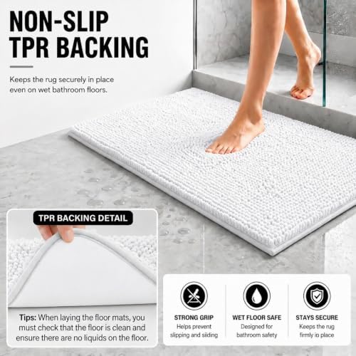Bathroom Rugs Sets 2 Piece,Super Absorbent Soft,Thick,Machine Washable Chenille Bath Mat,Non Slip Toilet Floor Rug,Bath Mats for Bathroom,20x32 Plus 20x20 U Shape,White