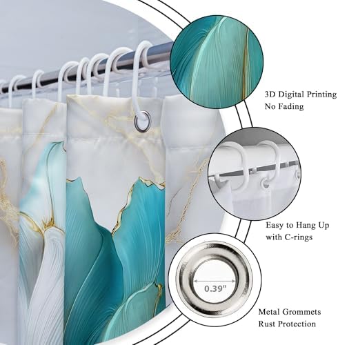 Teal Gold Marble Floral Modern 4Pcs Bathroom Shower Curtain Set with Rugs