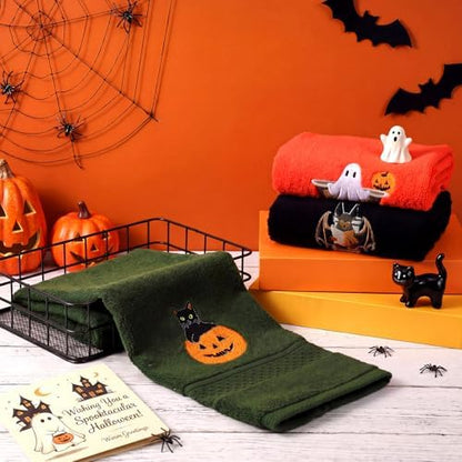 FuWeave 3 Pcs Orange Green Halloween Ghost Hand Towels for Bathroom