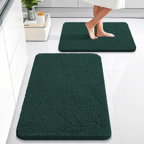 OLANLY Chenille Bathroom Rugs Sets 2 Piece, 30"x20"+24"x16", Blackish Green