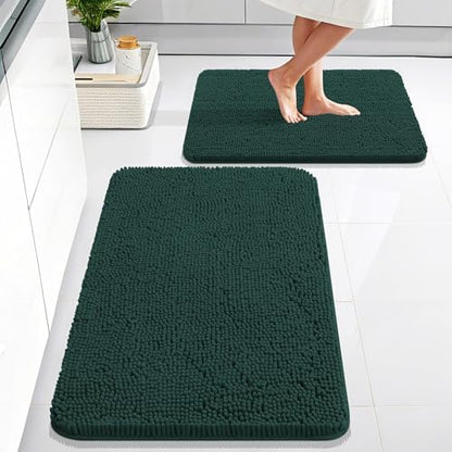 OLANLY Chenille Bathroom Rugs Sets 2 Piece, 30"x20"+24"x16", Blackish Green