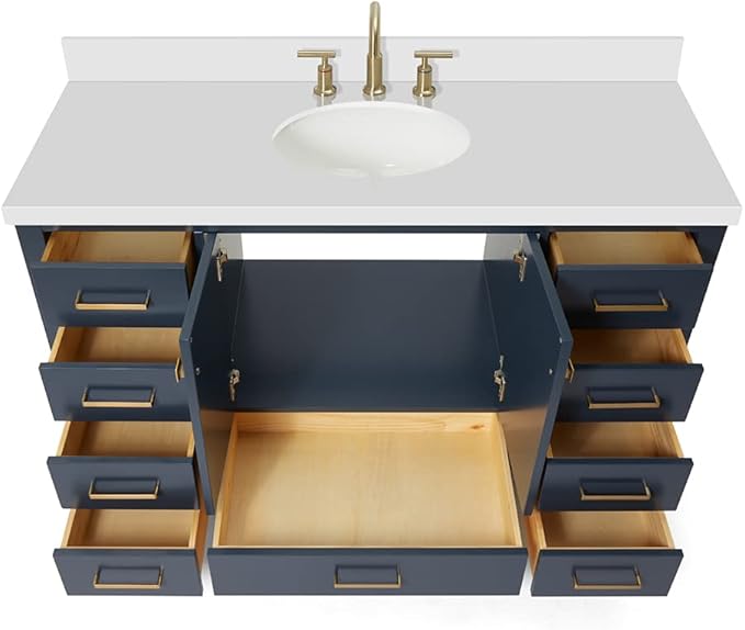 ARIEL Cambridge 54-inch Bathroom Vanity with Sink,Solid Wood, 1.5-inch Pure White Quartz Countertop & Backsplash, Single Oval Porcelain Sink, 2 Soft Closing Doors, 9 Dovetail Drawers, Midnight Blue