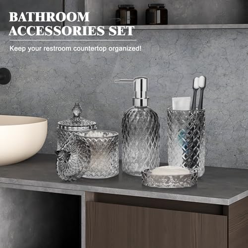 Bathroom Accessories Set, 5Pcs Gradient Glass Bath Accessory Sets Complete, Glass Bathroom Accessories with Soap Dispenser, Soap Dish, Toothbrush Holder, Qtip Holder