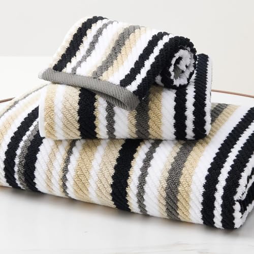 VOOVA & MOVAS Cotton Striped Towels 3 Pack, 100% Cotton, Black