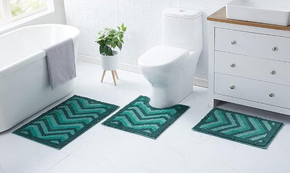 Hearth & Harbor Bathroom Rugs, Shaggy Plush Bath Mat, Ultra Soft Non Slip Backing Rubber, Chevron Design Bath Rug, Green, 3 Piece Set