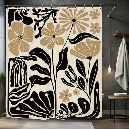 Black Tan Matisse Flower Shower Curtain 60Wx72L Inch Minimalist Abstract Vintage Botanical Blossom Modern Neutral Wildflower Art Bathroom Set Accessories Decor with 12 Pack Hooks