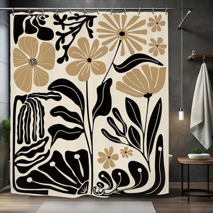 Black Tan Matisse Flower Shower Curtain 60Wx72L Inch Minimalist Abstract Vintage Botanical Blossom Modern Neutral Wildflower Art Bathroom Set Accessories Decor with 12 Pack Hooks