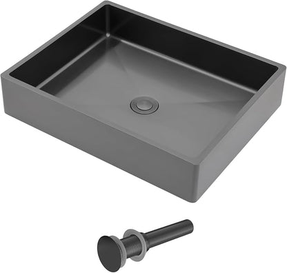 Dcolora 19 In. Black Drop In Bathroom Vessel Sink, 16 Gauge Stainless Steel, Rectangle Design with Drain Assembly, 15"D x 19"W x 4"H #DC-VS261203