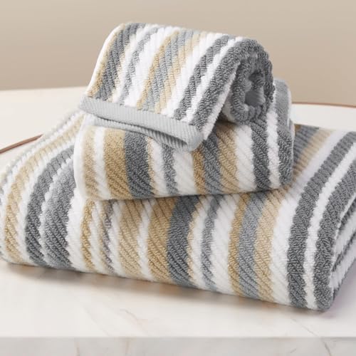 VOOVA & MOVAS Striped Towels 3 Pack, 100% Cotton, Gray Beige