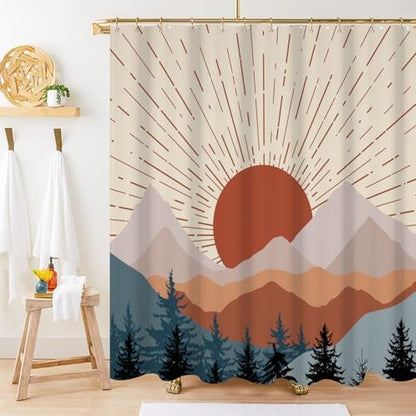 Boho Sunrise Shower Curtain with Hooks for Bathroom 72x96 Inch