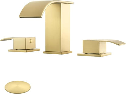 8 Inch Waterfall Bathroom Faucets 3 Hole - Brushed Gold Widespread Bathroom Faucet with Pop-up Drain, Two Handles Bathroom Sink Faucet, Modern Vanity Sink faucets with Supply Lines