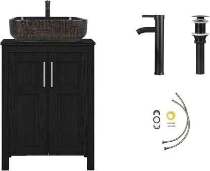YOURLITE 24" Bathroom Vanity with Sink, Black Bathroom Vanity and Sink Combo with Faucet & Pop Up Drain Set,Traditional Vanity with with Black & Gold Ceramic Sink