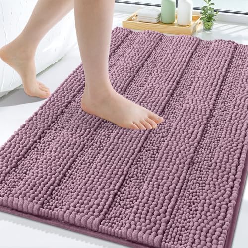 Grandaily Chenille Striped Bathroom Rugs 30x20, Extra Thick and Soft Absorbent Bath Mats, Rubber Backing, Plush Shaggy Shower Carpet, Machine Wash Dry, Bath Rug for Bathroom, Deep Plum