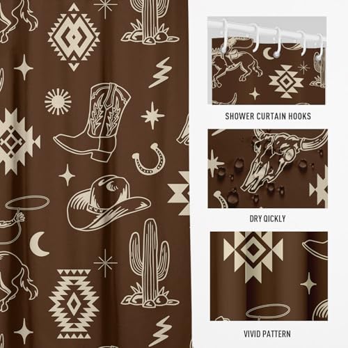 Brown Western Cowboy Shower Curtain, 12 Hooks, 60" W x 72" L