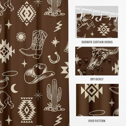 Brown Western Cowboy Shower Curtain, 12 Hooks, 60" W x 72" L